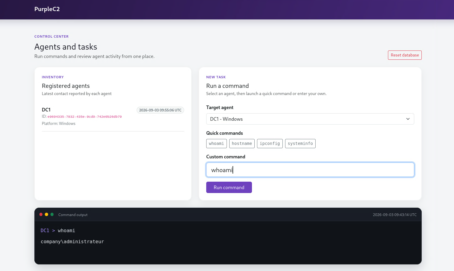 Executing the whoami command from the PurpleC2 operator interface