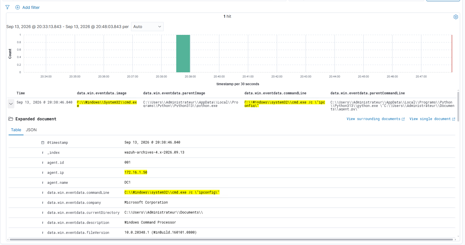 ipconfig executed by a cmd.exe child process of the Python agent