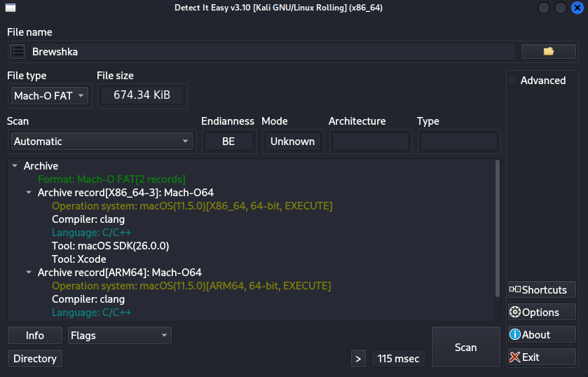 Detect It Easy analysis of the Brewshka universal Mach-O