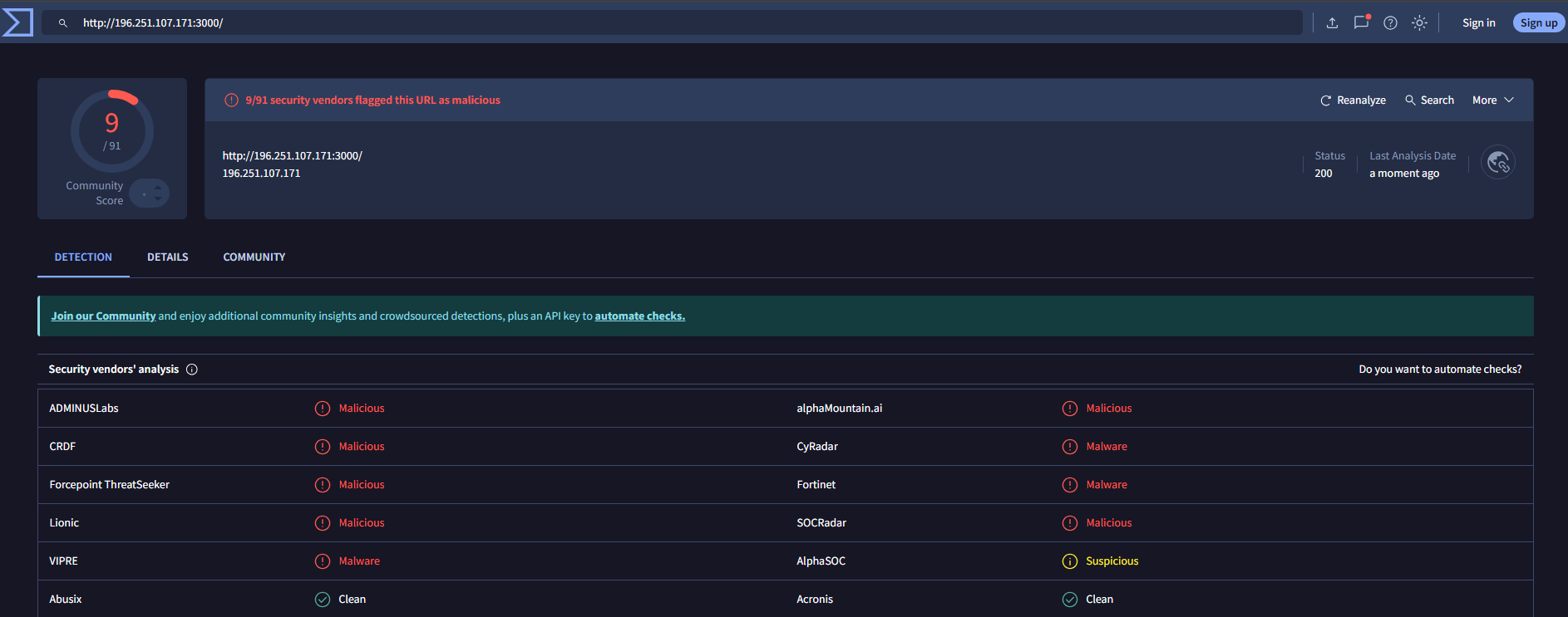 VirusTotal report for the C2 IP address 196.251.107.171