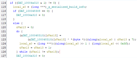 Routine Ghidra de désobfuscation XOR avec rotation de clé 64 bits