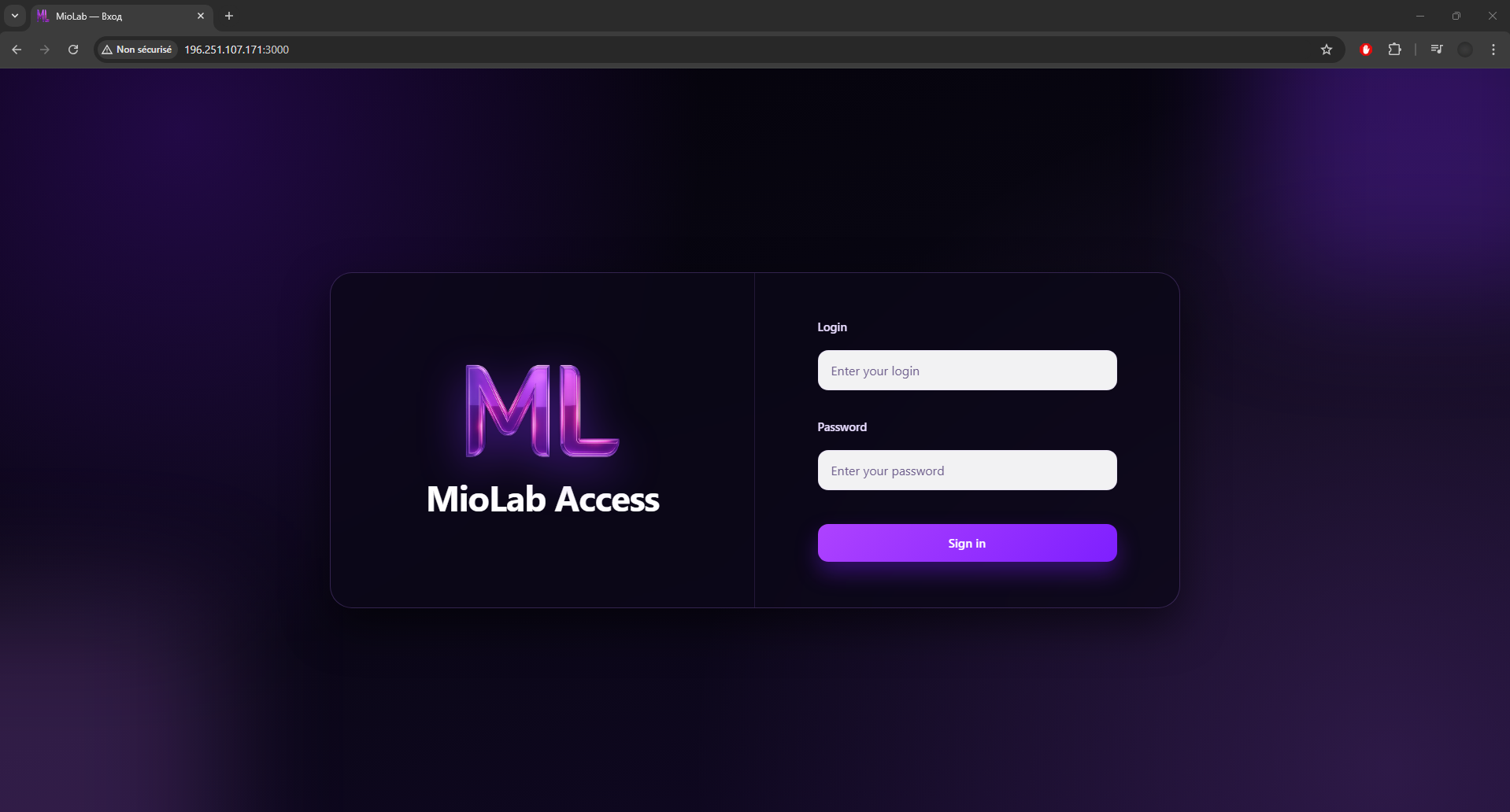 Portail d’authentification MioLab sur l’hôte C2 HTTP